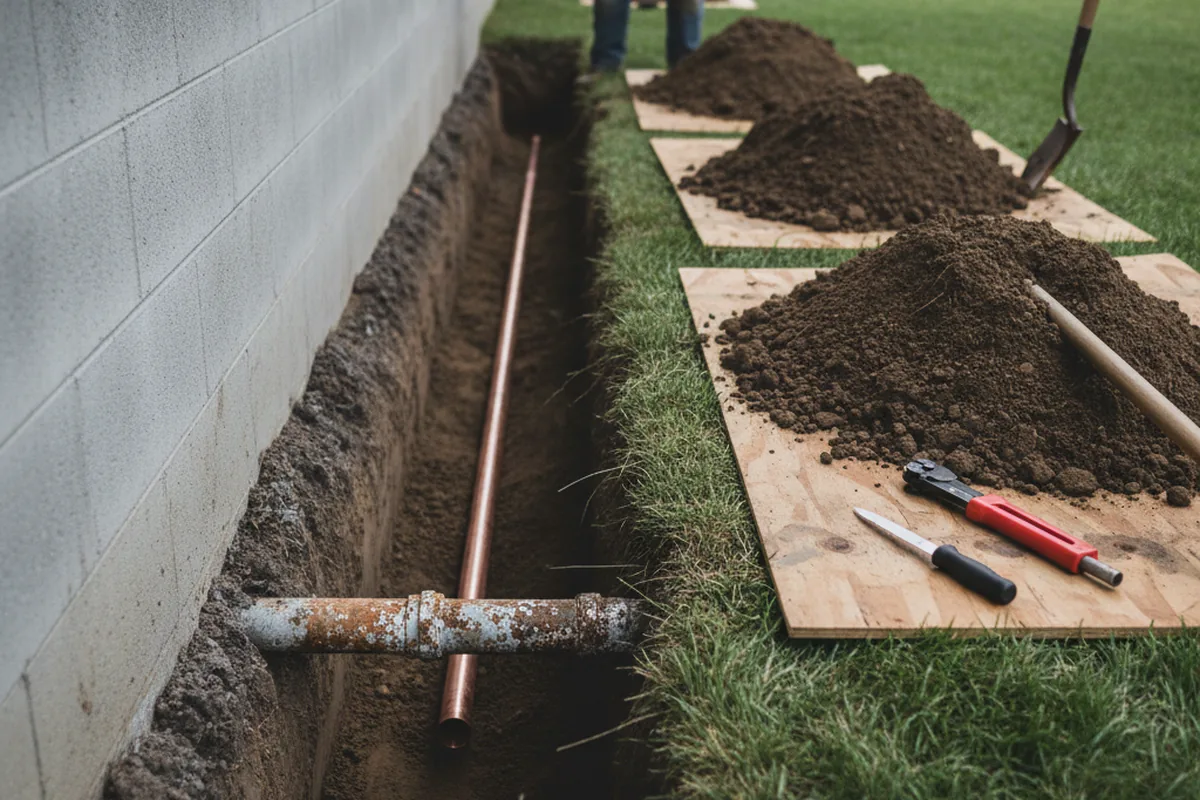 Excavated water line trench during Water Heater Repair in Adak